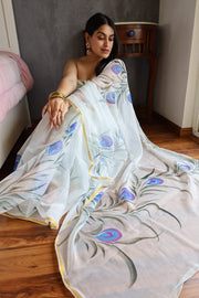 Elegant Hand Painted Chiffon Saree with Zari Border - Perfect for Special Occasions